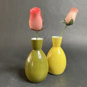 Vintage OMC Japan Miniature Vase Set – Olive Green & Yellow, 2-Piece, EUC